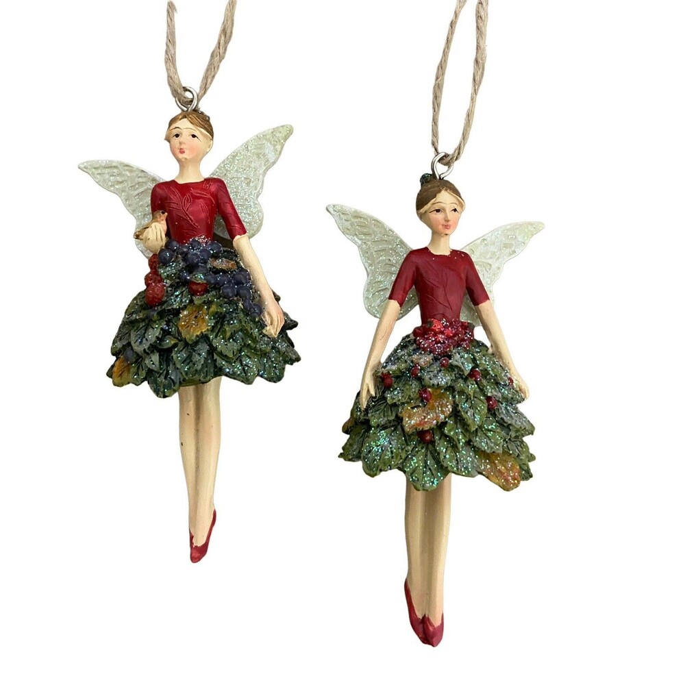 Gisela Graham London Evergreen Holiday Fairies Set of 2 Ornaments 4.25 in